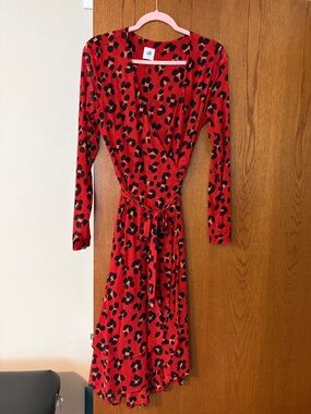 CAbi Red and Black Leopard-Print Faux Wrap Long-Sleeve Dress